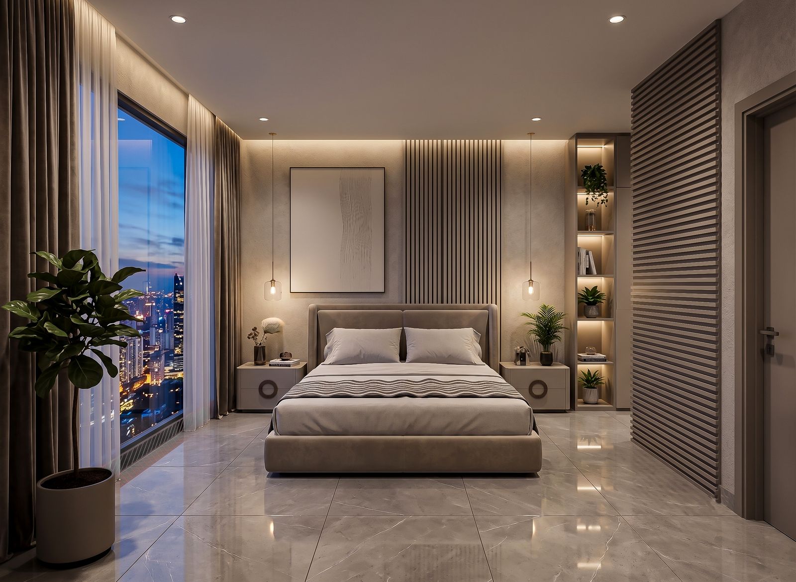 Master bedroom with floor-to-ceiling city views