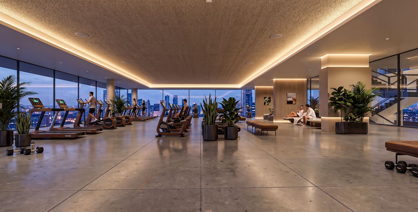 Sky gym and wellness floor with floor-to-ceiling city views