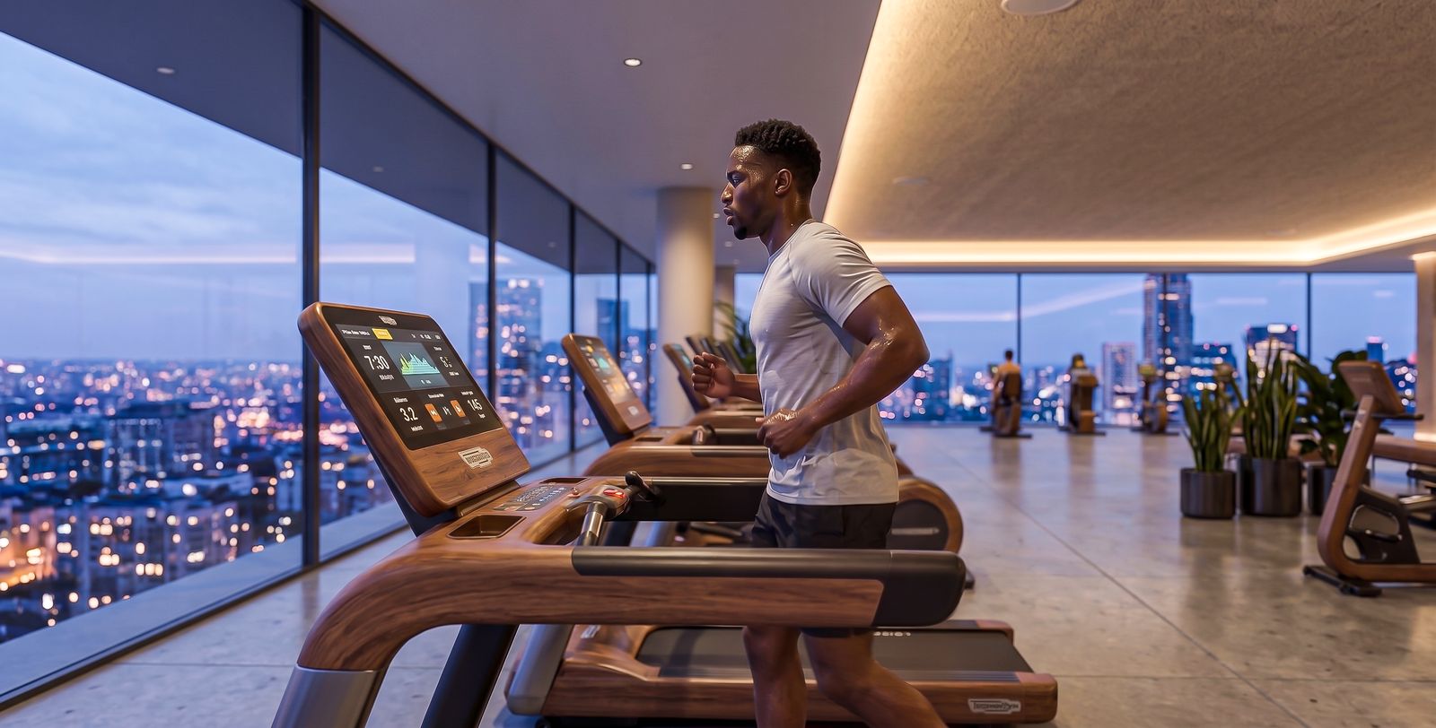 Close view of gym equipment with city views at dusk
