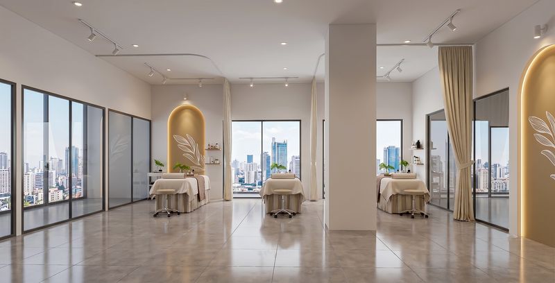 Treatment rooms of the medical spa, curtained off behind floor-to-ceiling glazing