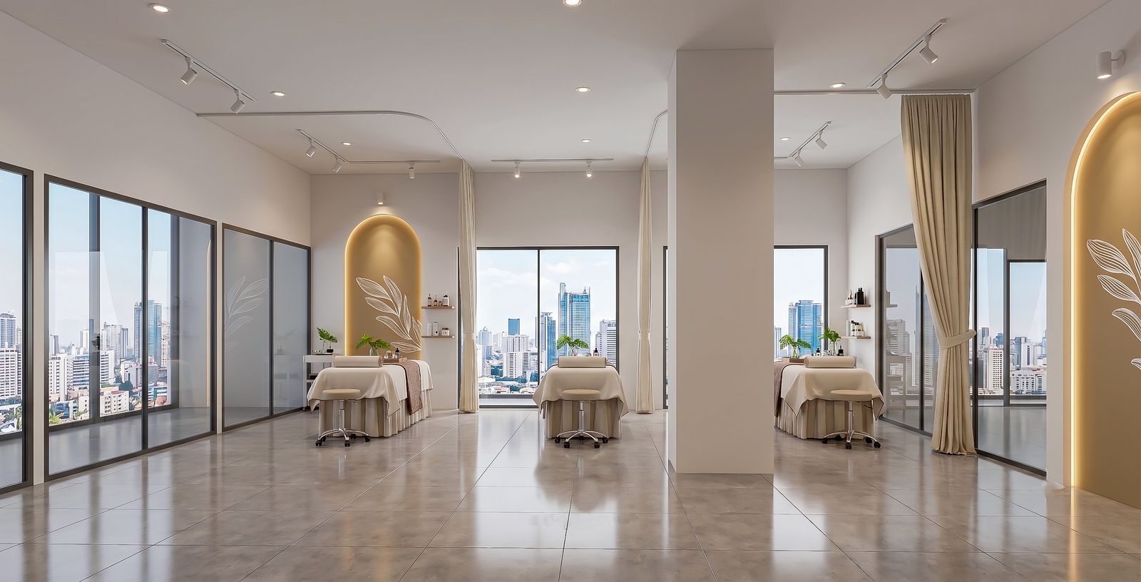 Treatment rooms of the medical spa, curtained off behind floor-to-ceiling glazing