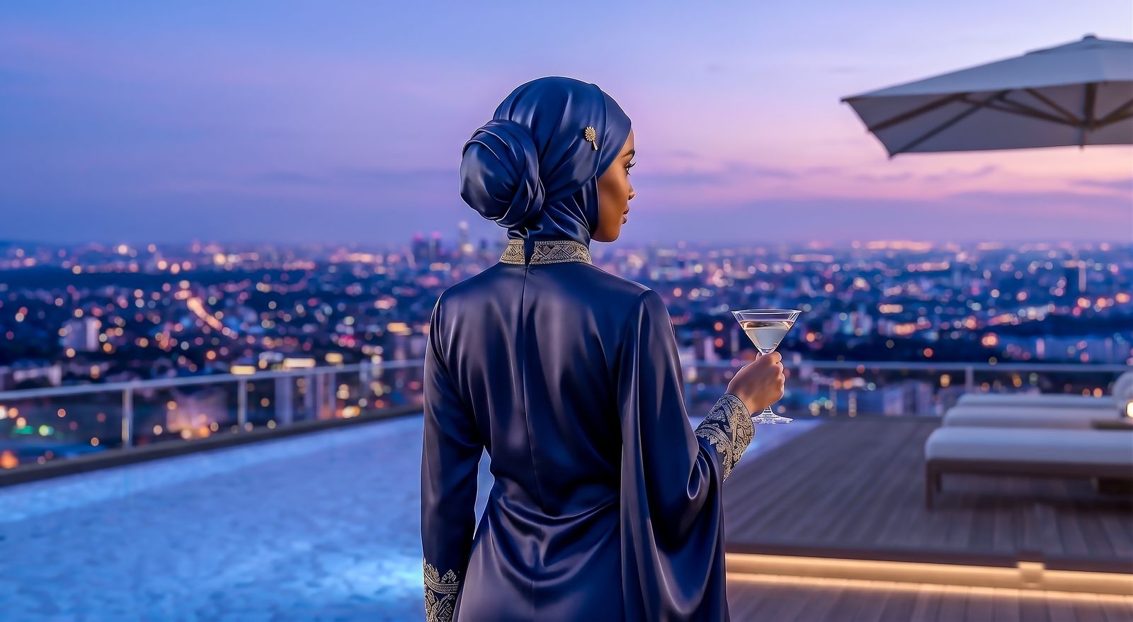 Resident overlooking the rooftop infinity pool at golden hour