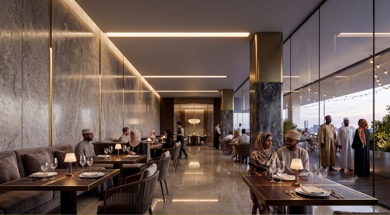 Sky-level restaurant with skyline views at dusk