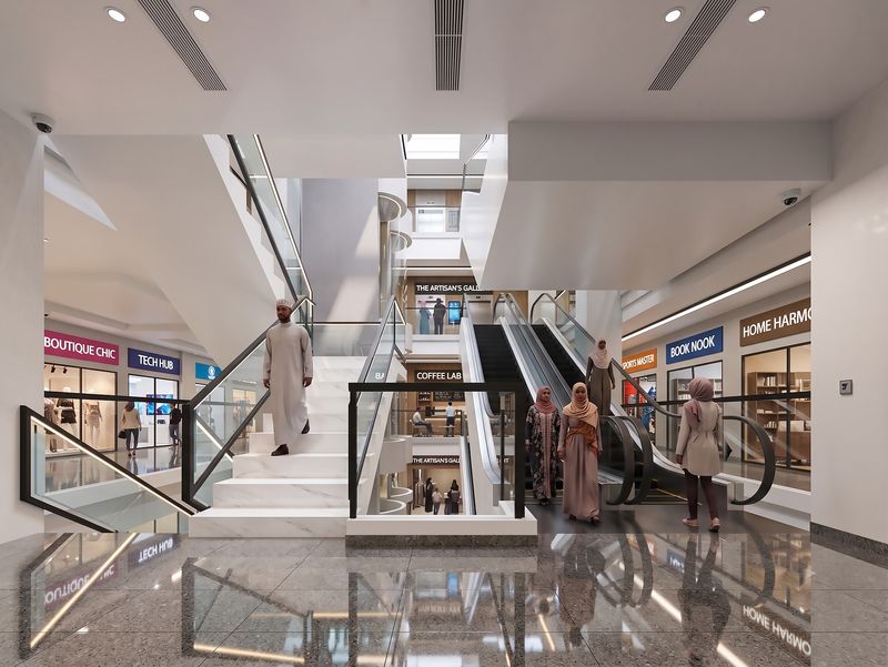 Shoppers on the retail podium concourse, with shopfronts across two levels