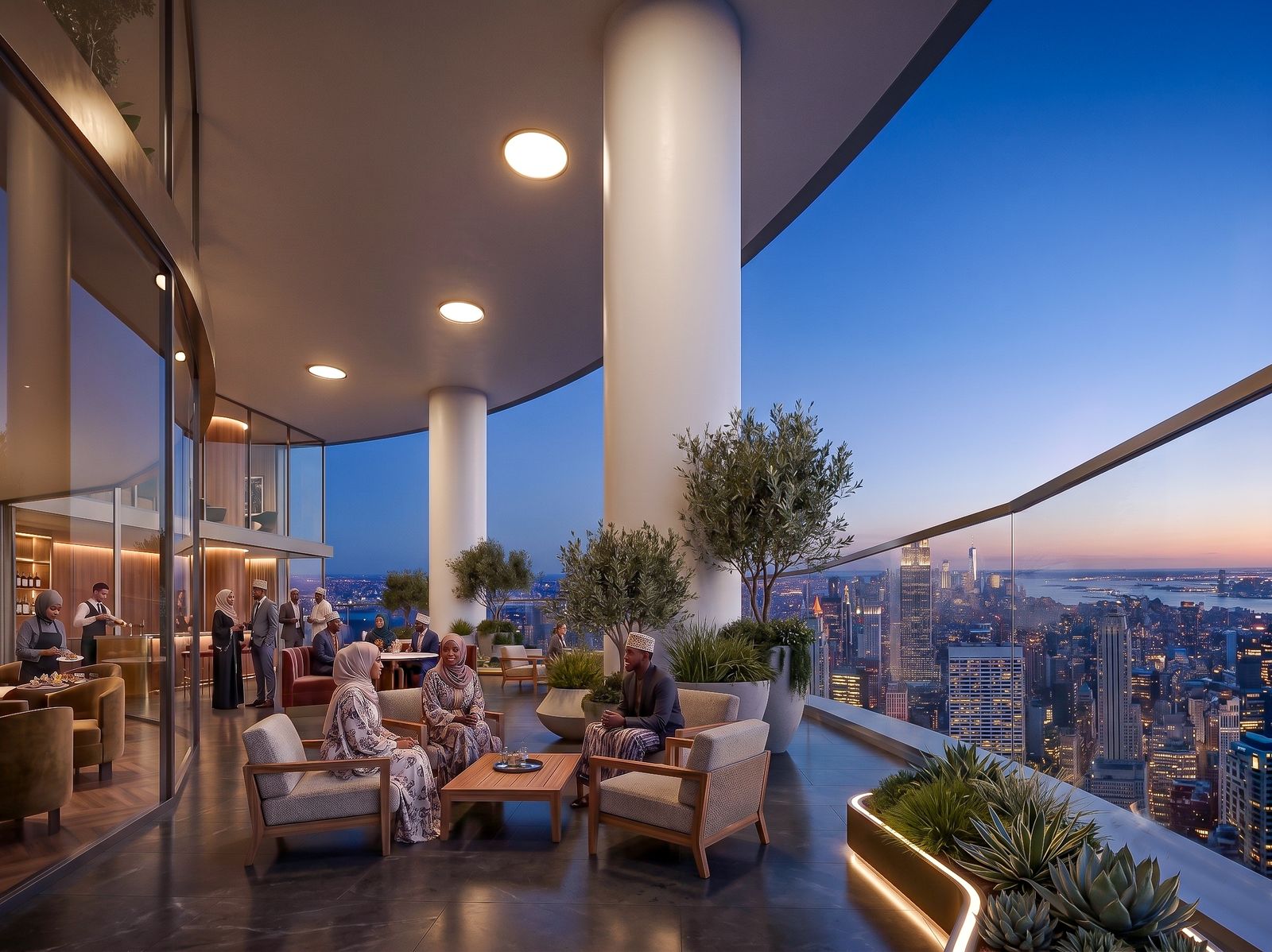Residents' lounge terrace overlooking the city at dusk
