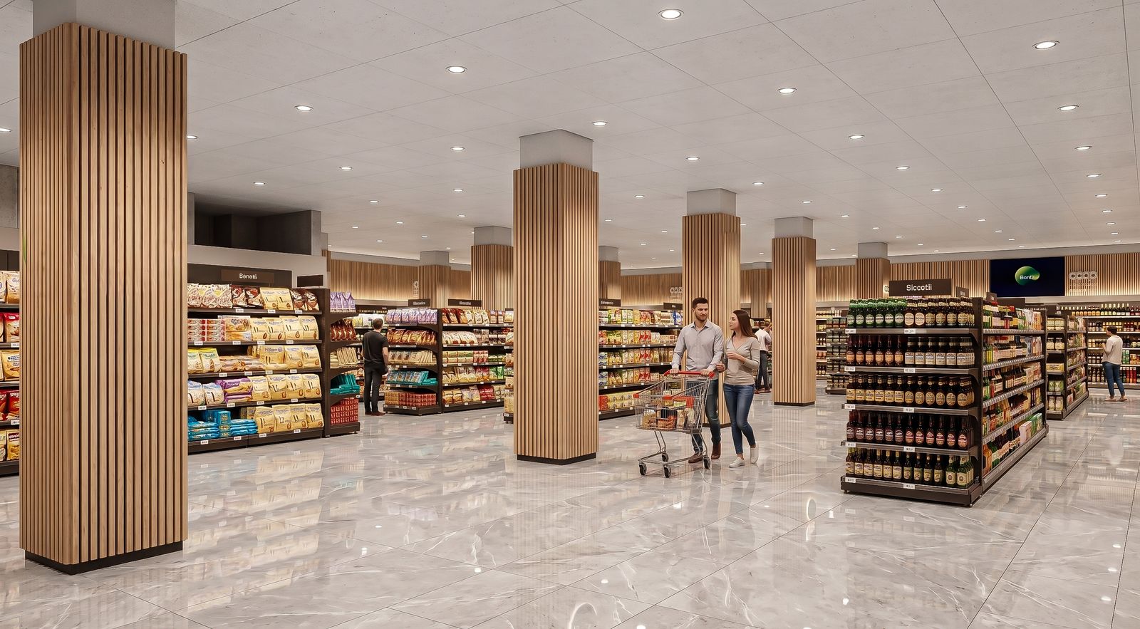 Supermarket aisles beneath the retail podium